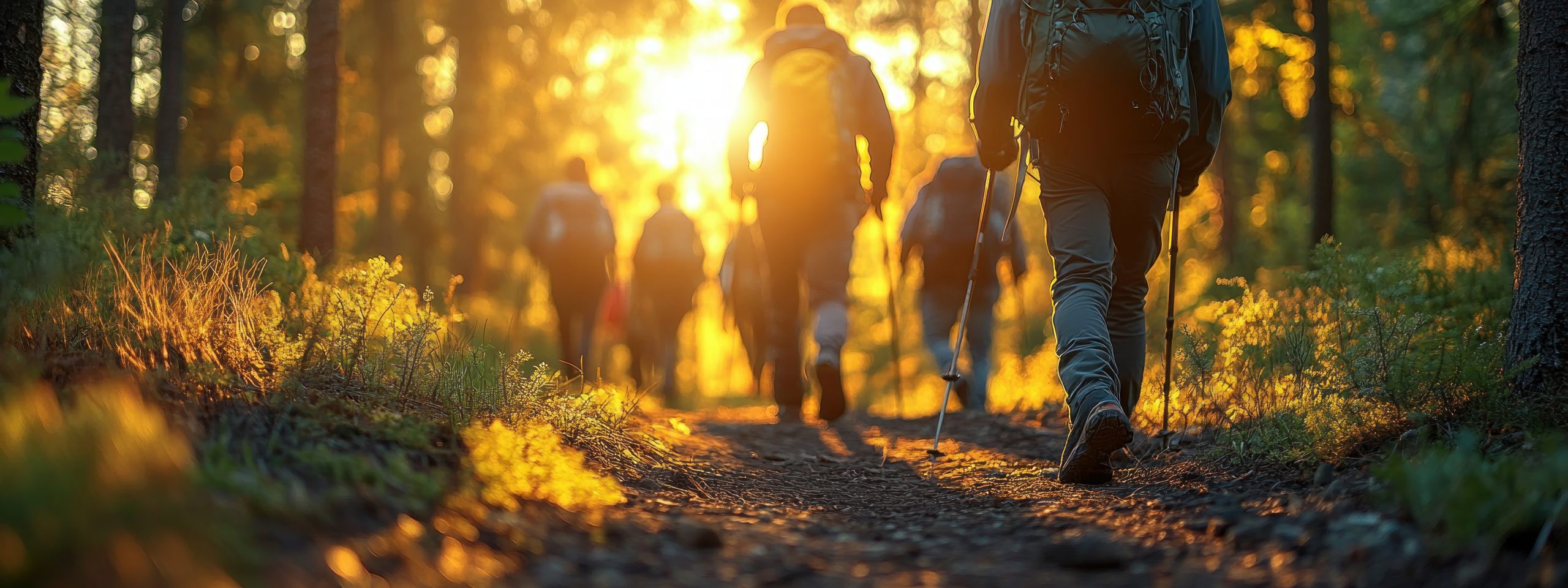 Group of Hikers Walking Along a Scenic Forest Trail During Sunset in Autumn