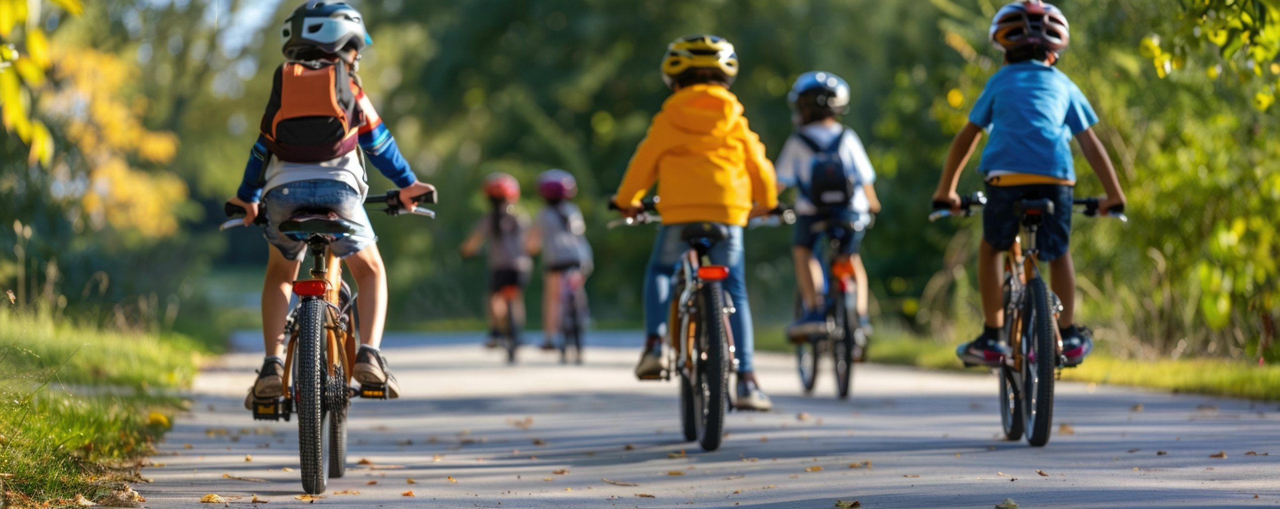 Group of children learning to ride their bicycles on a paved park pathway with a deep depth of field capturing the lush autumnal landscape in the background